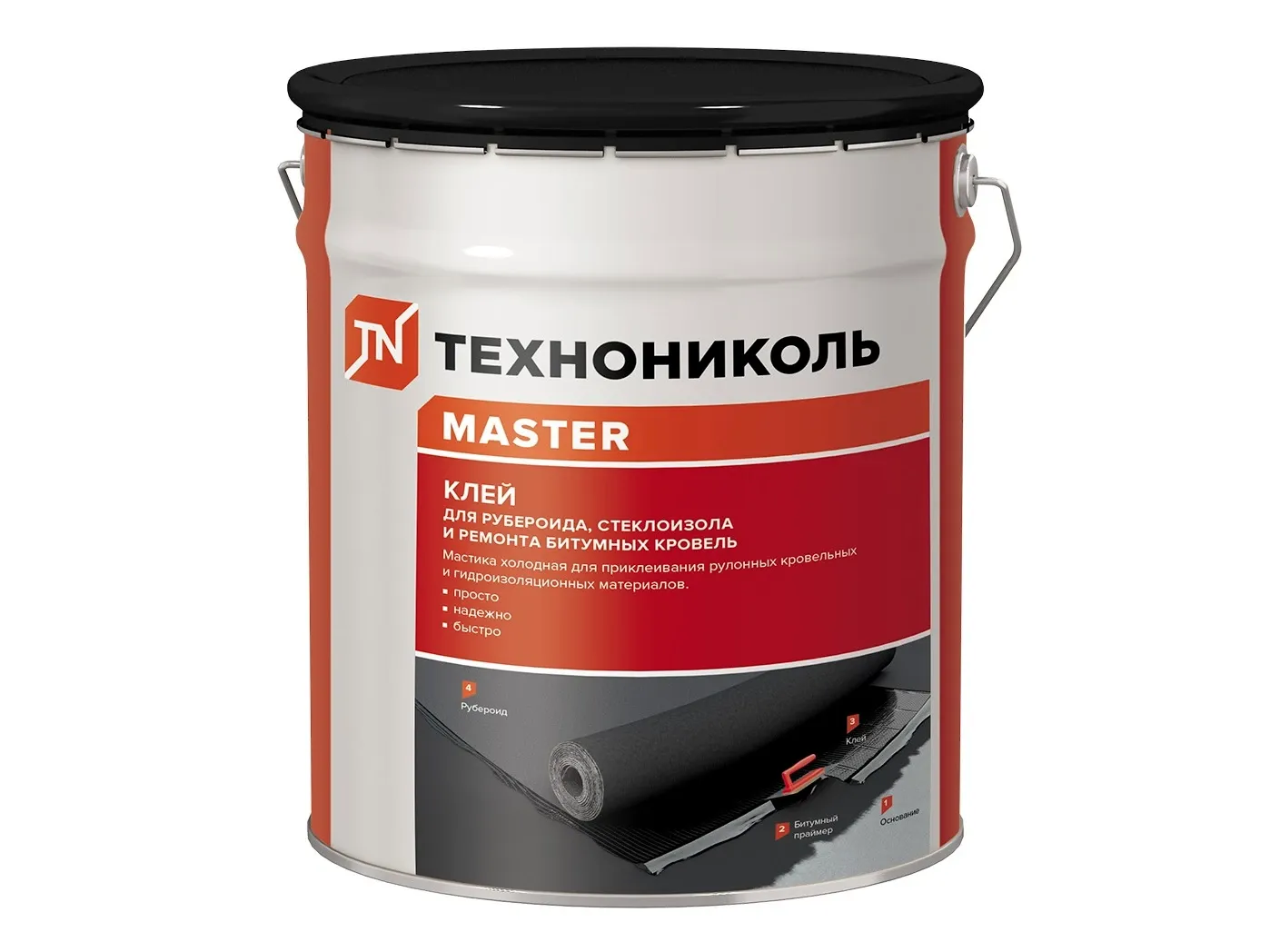 Клей ТЕХНОНИКОЛЬ Master для рубероида, стеклоизола и ремонта битумных кровель, ведро 10 кг